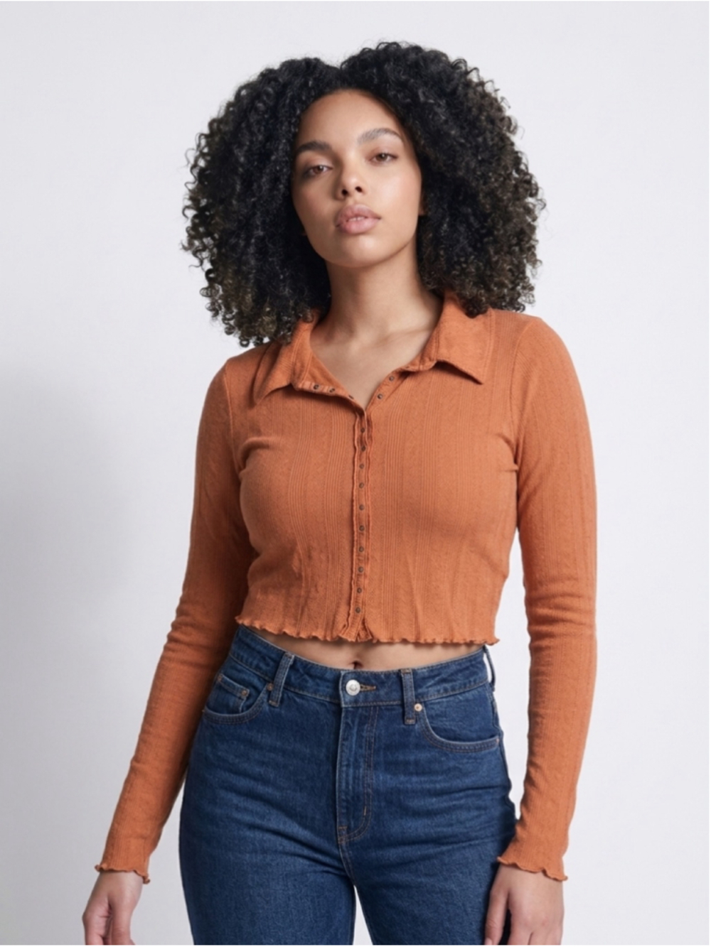 Free People Orange Pointelle Snap Front Collared Crop Top Size Medium